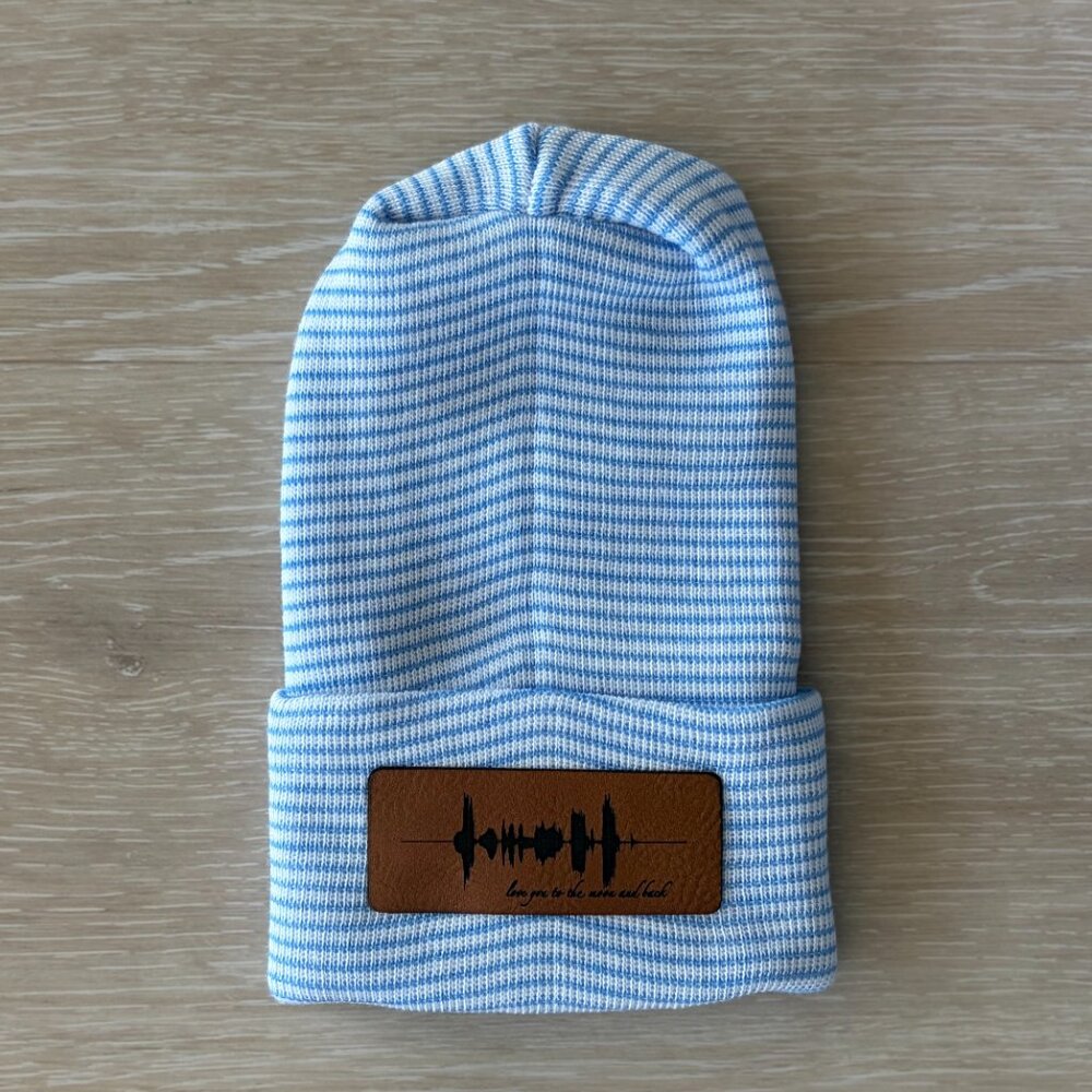 NEW Love You To The Moon Cotton Baby Beanie Newborn Blue White Stripe Minimalist